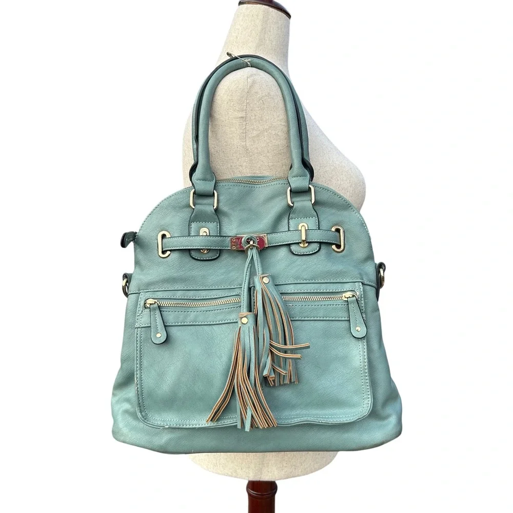 Downeast‎ Satchel Bag Womens Large Blue Faux Leather Tassel Floral Boho Chic